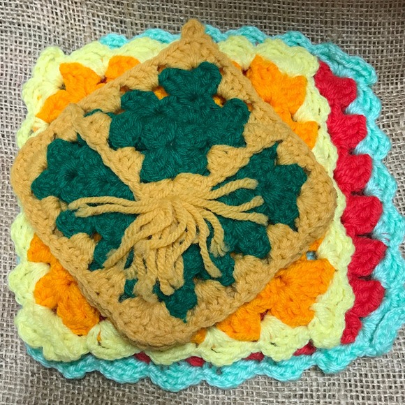 Vintage Crochet Hot Pads: Handmade Colorful Square Trivets, Set of 3 - Picture 5 of 9